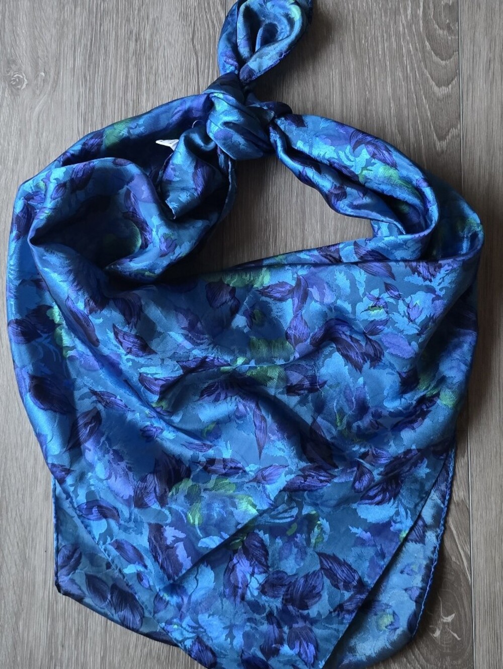Vintage Blue Floral Satin Square Scarf 34" Cobalt Purple Green Made in Korea
